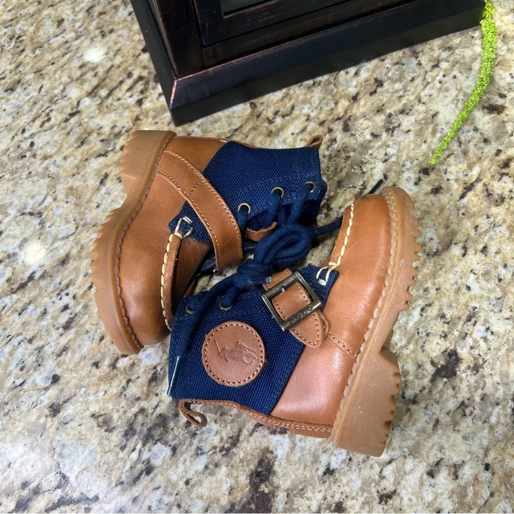 Polo Ralph Lauren Kids Hi Ranger  Flat Tan Brown Navy Blue Boots 4